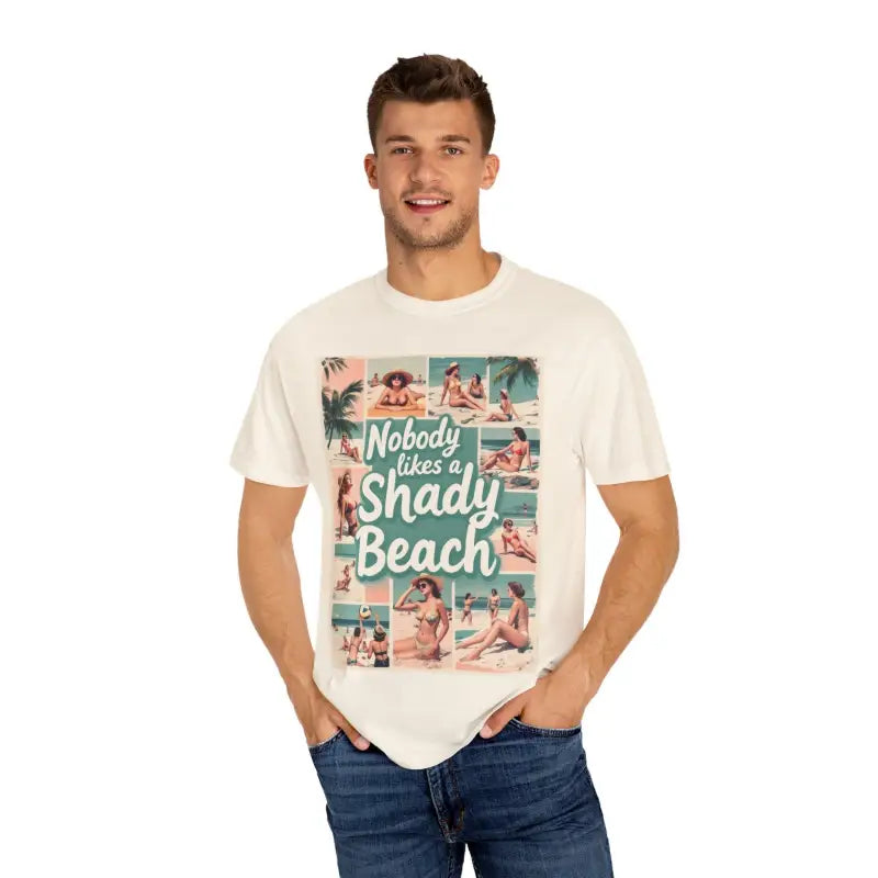 Man wearing Retro Beach Collage T Shirt showcasing vibrant graphic design