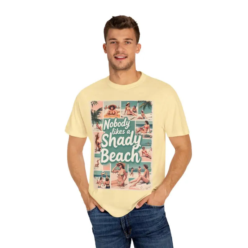 Man’s yellow Retro Beach Collage T Shirt featuring vibrant beach-themed artwork