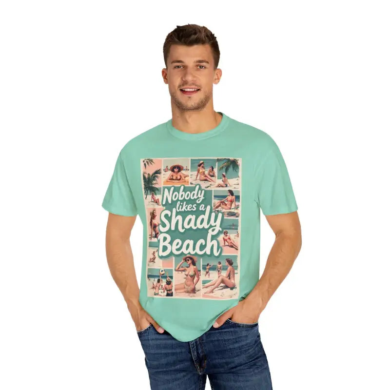 Mint-green graphic tee featuring Retro Beach Collage design for summer style