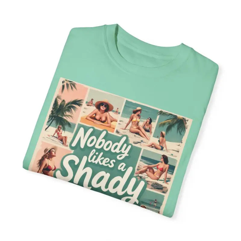 Mint-green Retro Beach Collage T Shirt featuring a vibrant beach-themed graphic