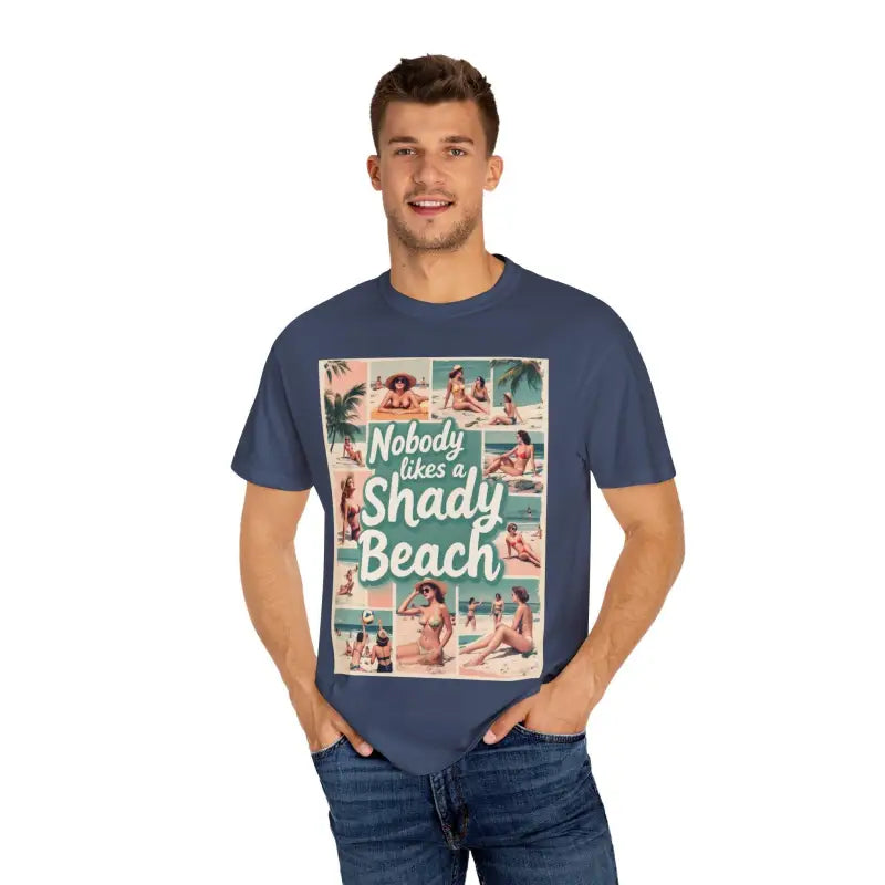 Navy blue Retro Beach Collage T Shirt featuring vibrant beach-themed graphics