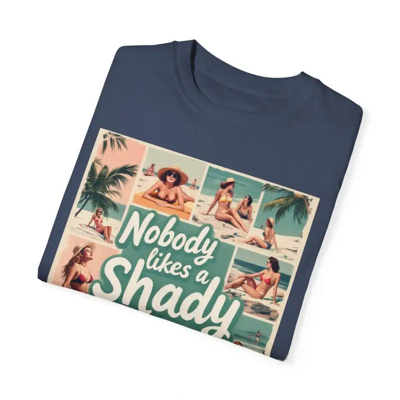 Navy blue Retro Beach Collage T Shirt featuring a beach scene graphic design