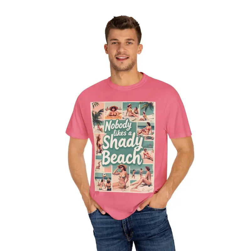 Pink Retro Beach Collage T Shirt showcasing vibrant beach-themed graphics