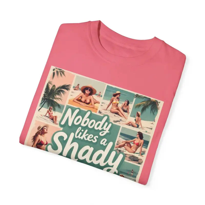 Pink Retro Beach Collage T Shirt featuring a vibrant beach scene graphic