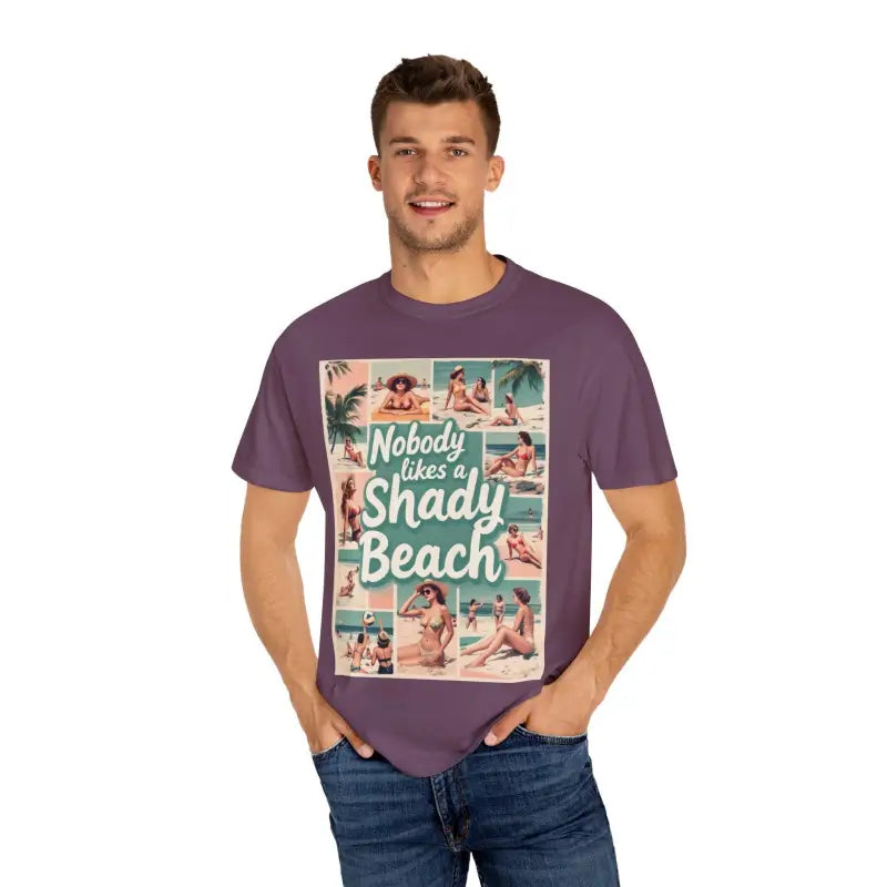 Purple Retro Beach Collage T Shirt featuring a vibrant beach-themed design