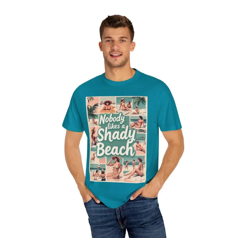 Teal Retro Beach Collage T Shirt featuring vibrant beach-themed graphics