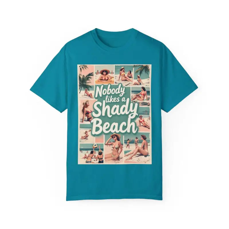 Teal Retro Beach Collage T Shirt featuring a vibrant seaside graphic design