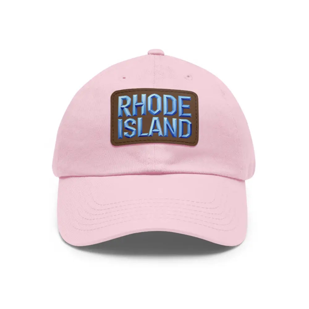 Pink baseball cap featuring a Rhode Island patch suitable for casual wear