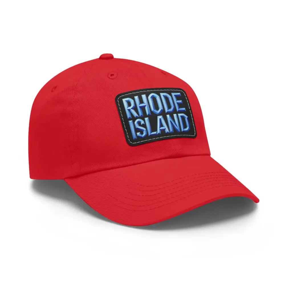 Red baseball cap featuring Rhode Island patch from Rhode Island Baseball Caps and Dad Hats