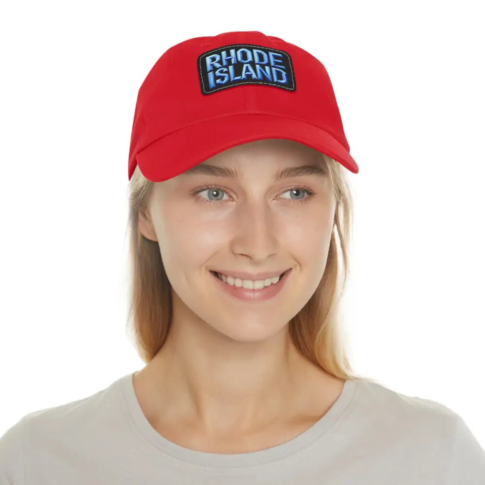 Red baseball cap featuring Rhode Island patch in Rhode Island Baseball Caps and Dad Hats