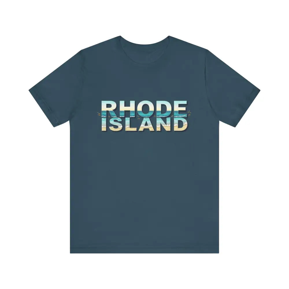 Blue t-shirt with Rhode Island text from Rhode Island Beach Vibes Unisex Tee Shirt