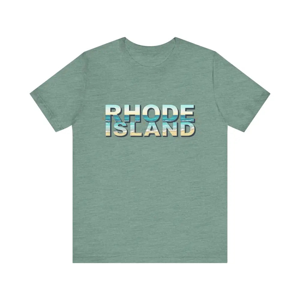 Seafoam green Rhode Island Beach Vibes Unisex Tee Shirt displayed on a white background