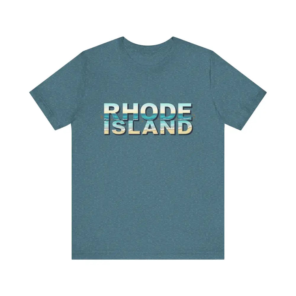 Blue t-shirt featuring Rhode Island text from the Rhode Island Beach Vibes Unisex Tee Shirt
