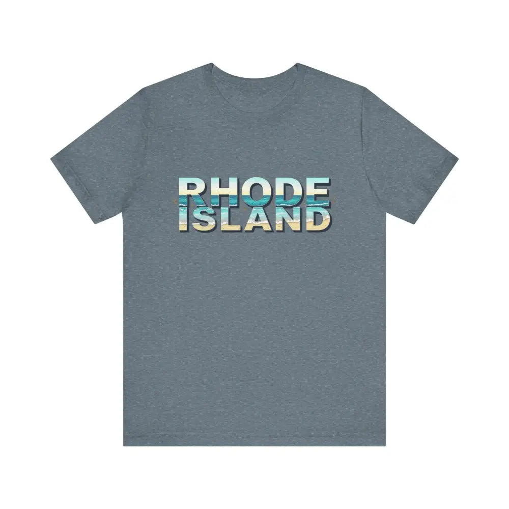Gray Rhode Island Beach Vibes Unisex Tee Shirt featuring bold Rhode Island text design