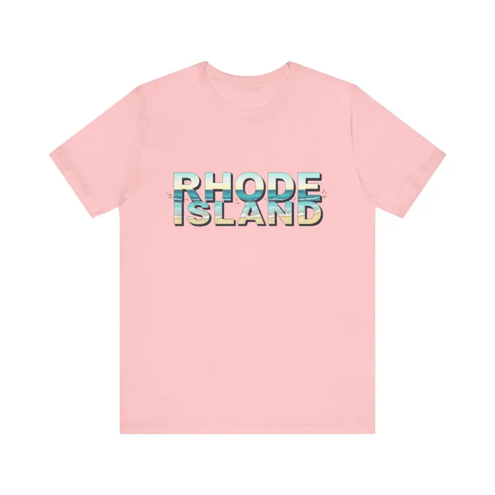 Pink Rhode Island Beach Vibes Unisex Tee Shirt featuring bold text design