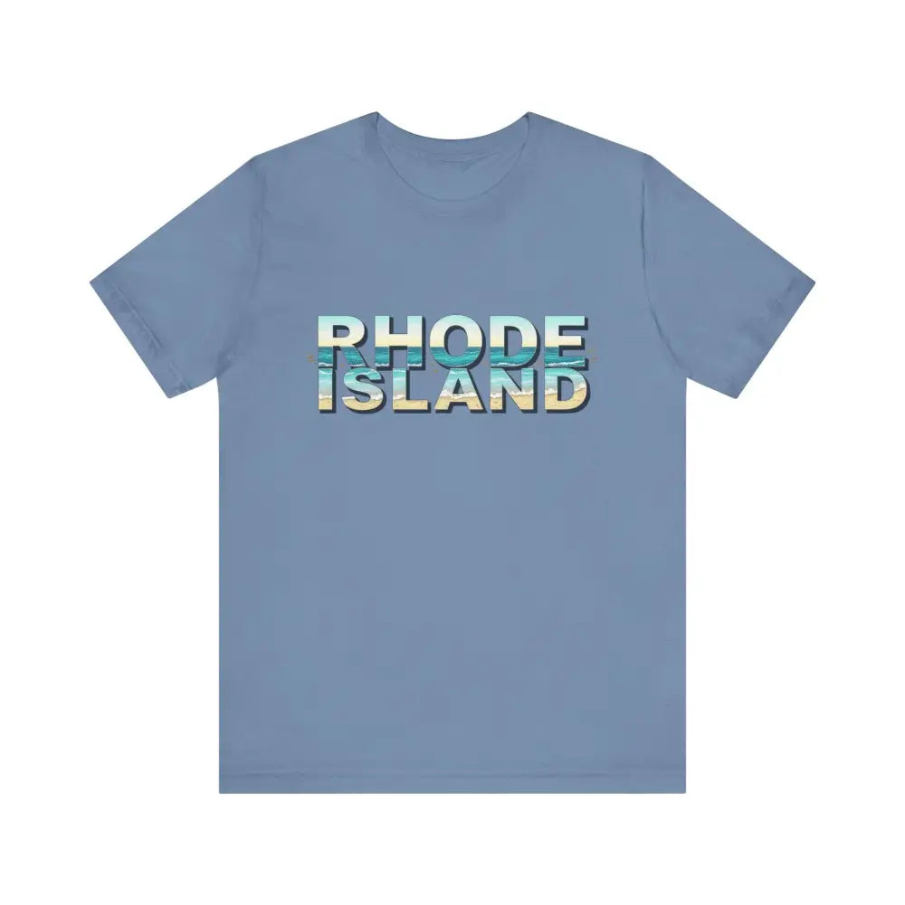 Blue Rhode Island Beach Vibes Unisex Tee Shirt featuring bold text design