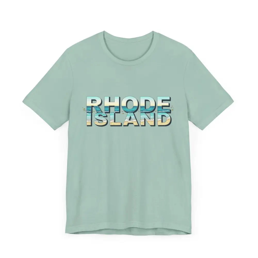 Light green Rhode Island Beach Vibes unisex tee shirt with text design