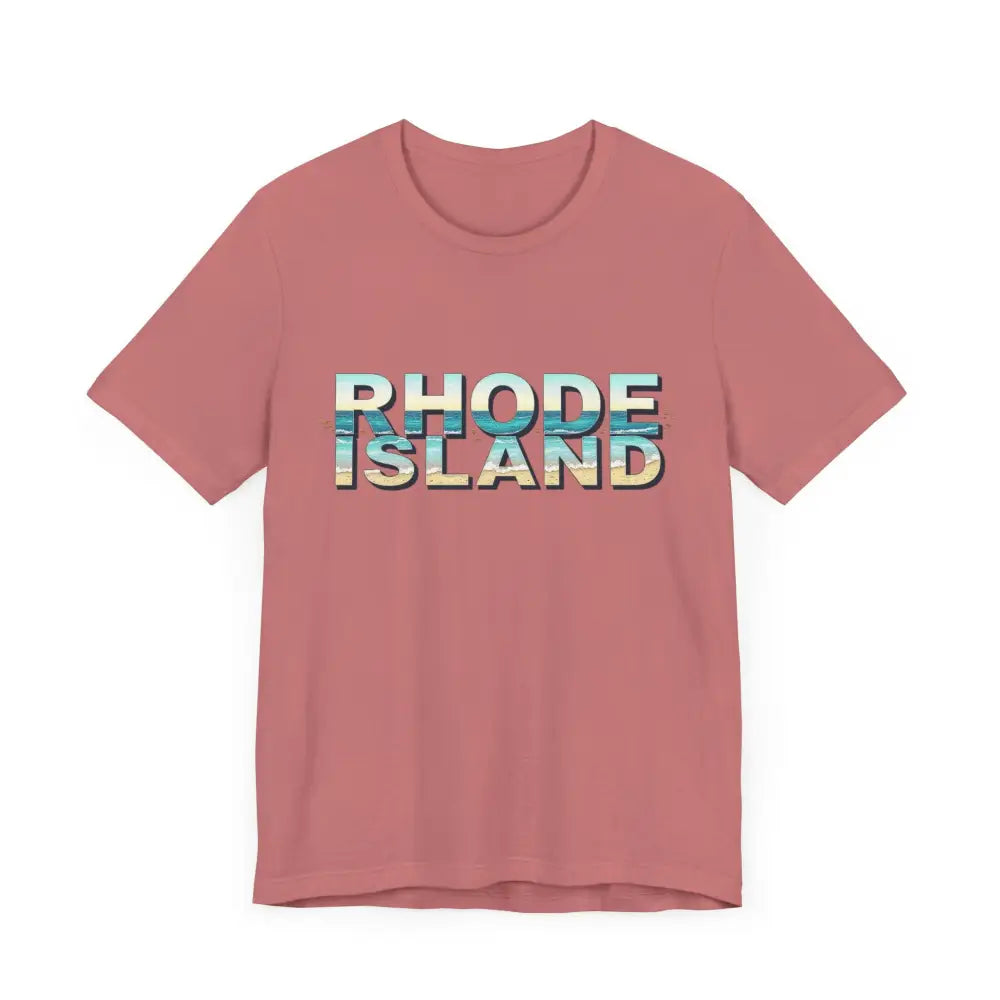 Pink Rhode Island Beach Vibes Unisex Tee Shirt with bold text design