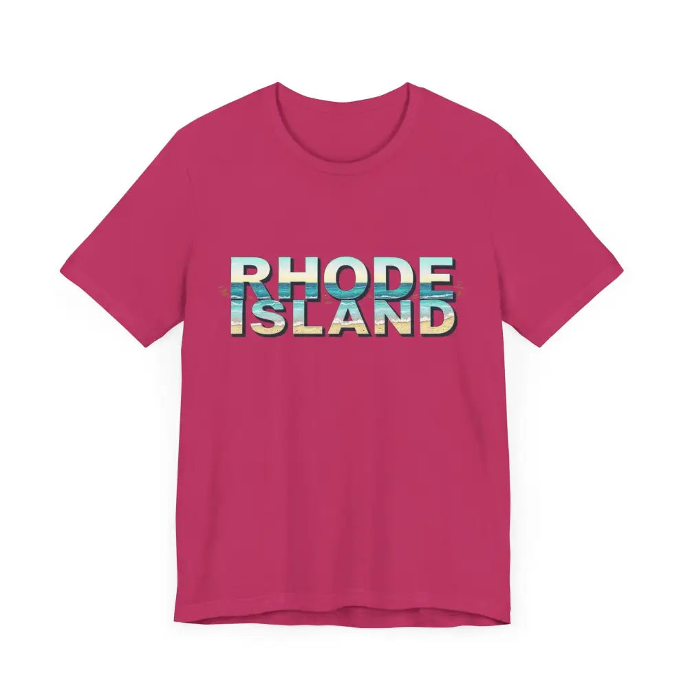 Pink t-shirt featuring Rhode Island text from the Rhode Island Beach Vibes Unisex Tee Shirt