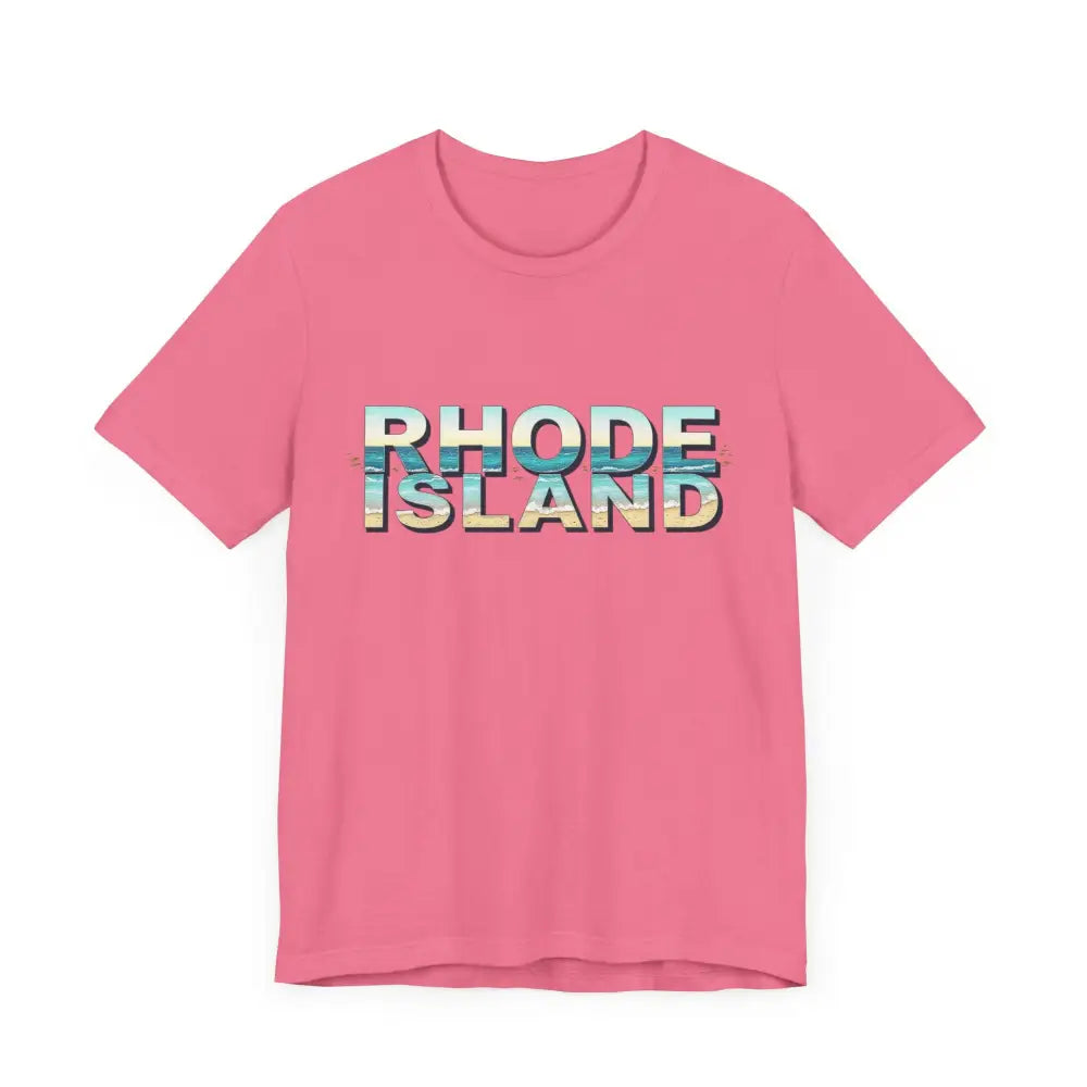 Pink Rhode Island Beach Vibes Unisex Tee Shirt featuring stylish text design