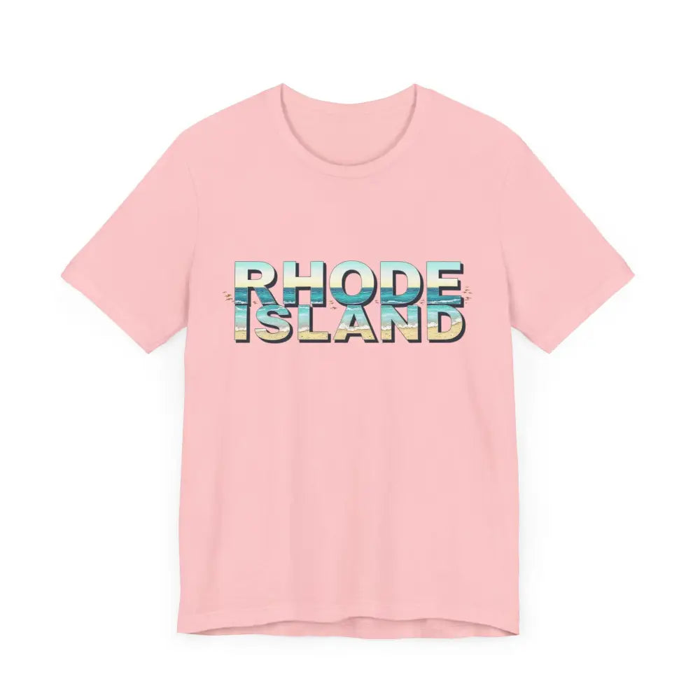 Pink Rhode Island Beach Vibes Unisex Tee Shirt with vibrant graphic text