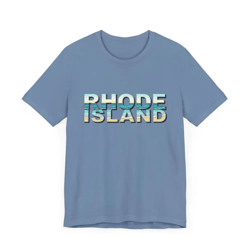 Blue t-shirt featuring Rhode Island text from the Rhode Island Beach Vibes Unisex Tee Shirt