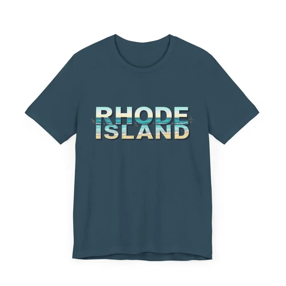 Blue Rhode Island Beach Vibes Unisex Tee Shirt featuring bold text design