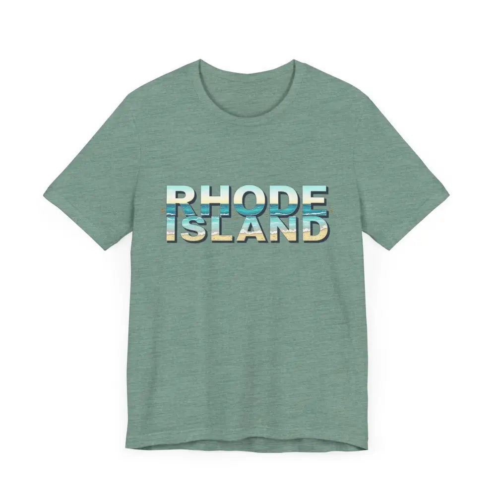 Green Rhode Island Beach Vibes Unisex Tee Shirt with stylish text design