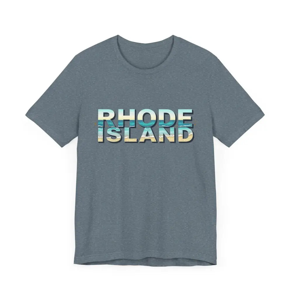 Gray t-shirt featuring Rhode Island text from the Rhode Island Beach Vibes Unisex Tee Shirt