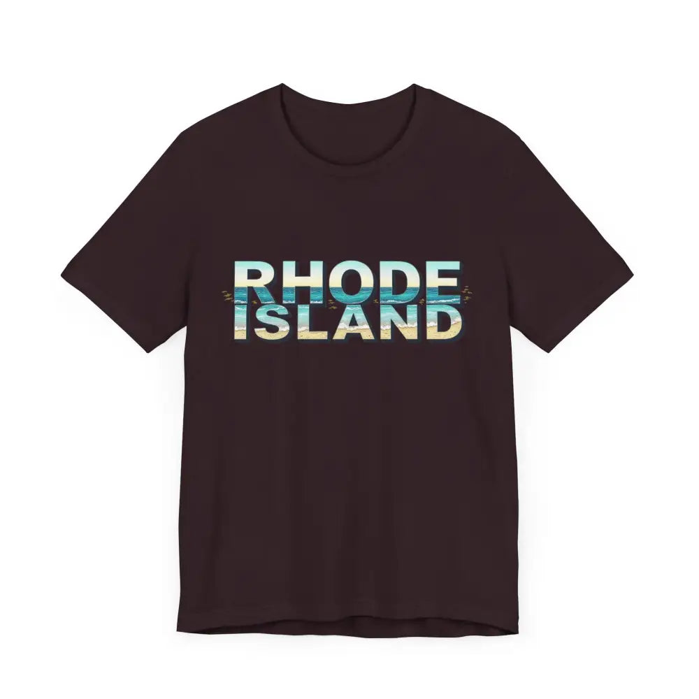 Dark brown Rhode Island Beach Vibes unisex tee shirt with bold text design