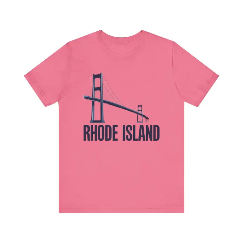 Pink unisex short sleeve t-shirt featuring Rhode Island bridge graphic design
