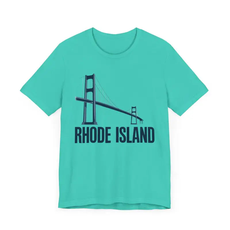Teal unisex short sleeve t-shirt featuring Rhode Island bridge graphic design