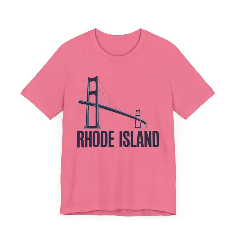 Pink t-shirt featuring a Rhode Island bridge graphic, suitable for unisex wear