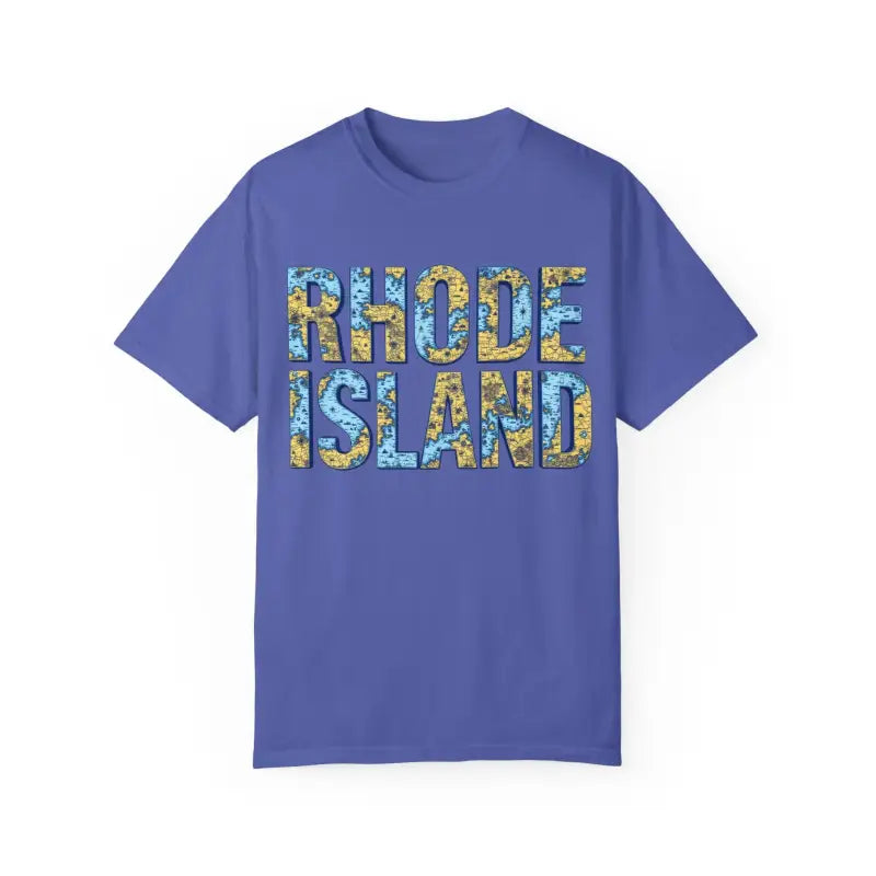 Blue Rhode Island map t-shirt in casual coastal vibe design for unisex wear