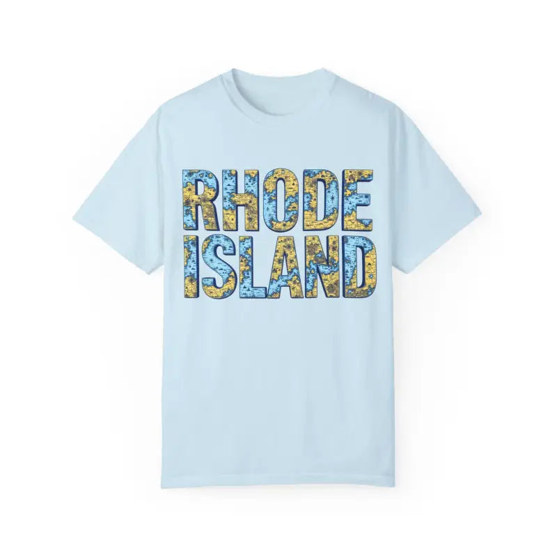 Light blue Rhode Island map design on a casual unisex garment dyed t-shirt
