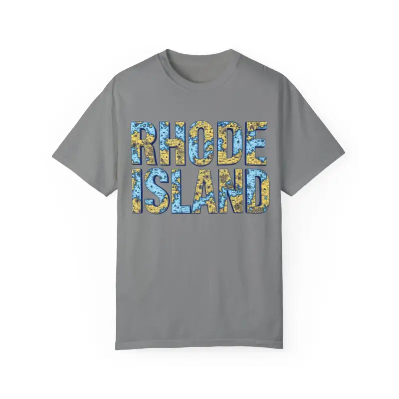 Gray T-shirt featuring Rhode Island map text in a casual coastal style