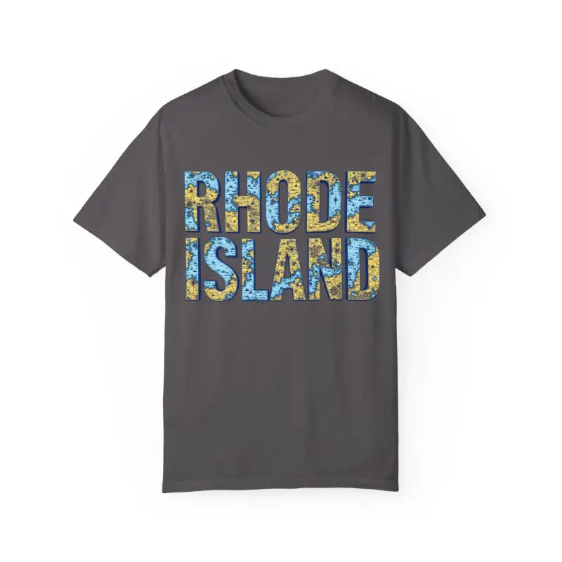 Gray Rhode Island map t-shirt for casual coastal style in unisex design