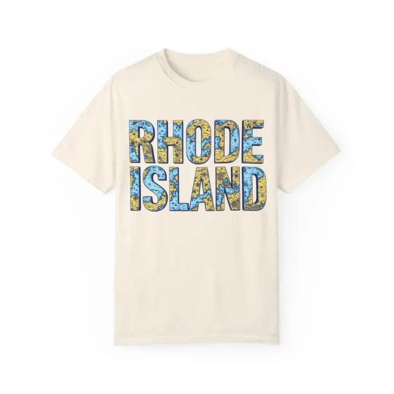 Beige Rhode Island Garment Dyed Unisex T-Shirt with Map Text for Coastal Style