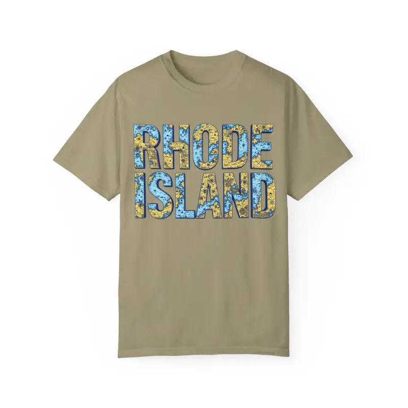 Khaki T-shirt featuring Rhode Island text, part of the Rhode Island Garment Dyed collection