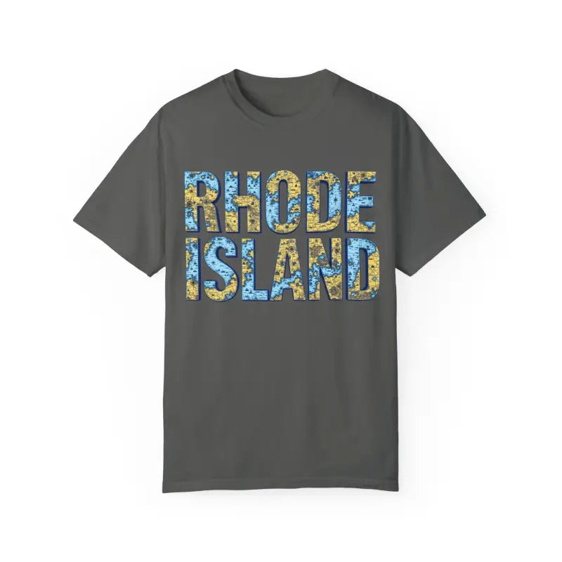 Gray t-shirt with Rhode Island text from Rhode Island Garment Dyed Unisex T-Shirt