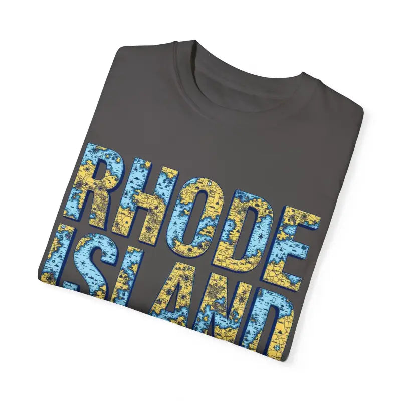 Folded gray T-shirt featuring Rhode Island text in casual coastal style