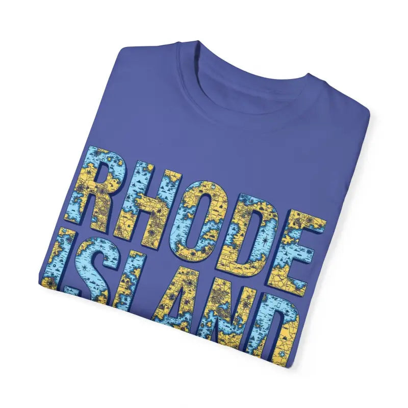 Blue Rhode Island Garment Dyed Unisex T-Shirt with Map Design for Casual Coastal Style