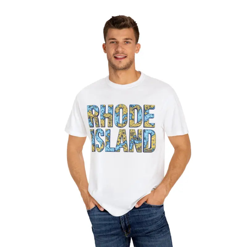 White T-shirt featuring Rhode Island text, ideal for casual coastal style
