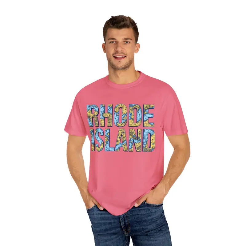 Pink Rhode Island Garment Dyed Unisex T-shirt for a casual coastal vibe