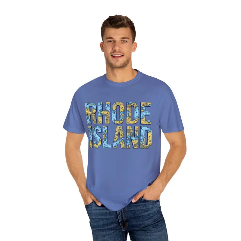 Blue Rhode Island Garment Dyed Unisex T-Shirt with Casual Coastal Vibe design