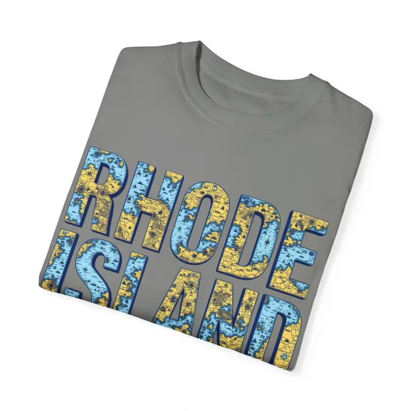 Gray Rhode Island garment dyed unisex t-shirt with casual coastal vibe design
