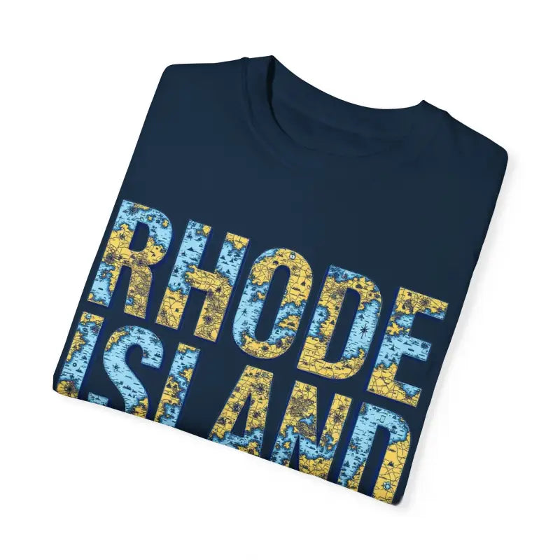 Folded navy blue Rhode Island Garment Dyed Unisex T-shirt with a casual coastal vibe