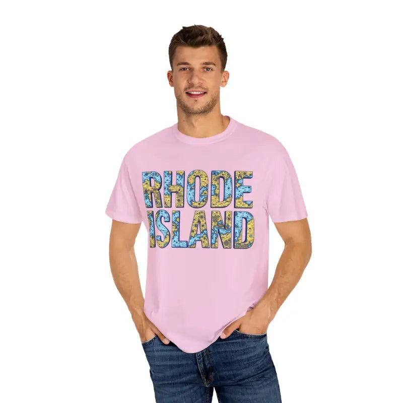 Pink Rhode Island Garment Dyed Unisex T-Shirt with Casual Coastal Vibe Design