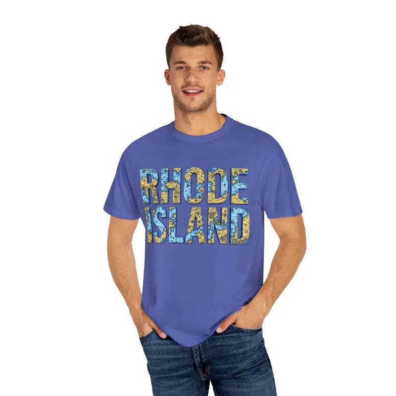 Man showcasing Rhode Island Garment Dyed Unisex T-shirt with a casual coastal vibe