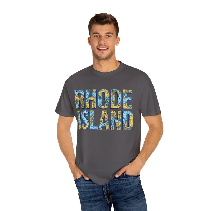 Gray t-shirt featuring Rhode Island text, casual coastal vibe garment dyed design